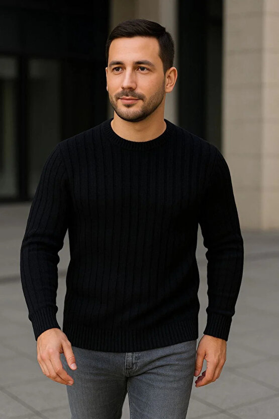 Erkek Bisiklet Yuvarlak Yaka Triko Kazak Pamuklu Kalın Fitilli Dokuma, Regular Fit Uzun Kollu Kışlık