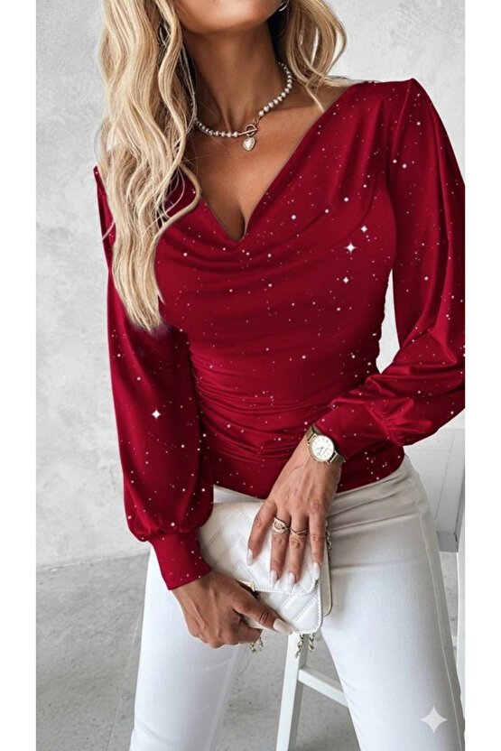 MDB Kadın Uzun Kollu Degaje Yaka Taşlı Sandy Bluz