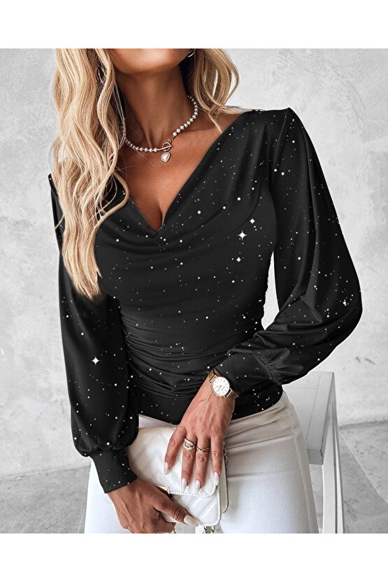 MDB Kadın Uzun Kollu Degaje Yaka Taşlı Sandy Bluz