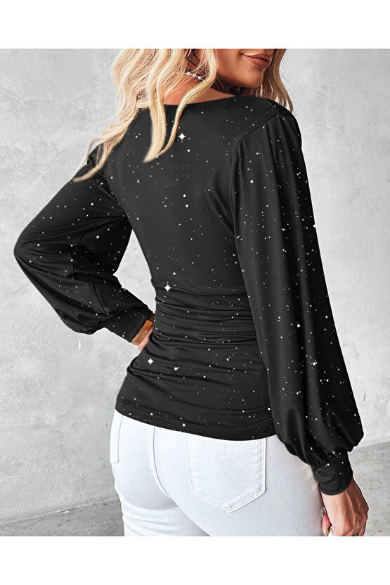 MDB Kadın Uzun Kollu Degaje Yaka Taşlı Sandy Bluz