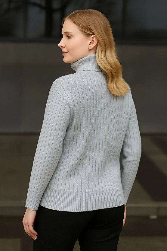 Kadın Balıkcı Yaka Bağazlı Triko Kazak Pamuklu Kalın Fitilli Dokuma - Gri