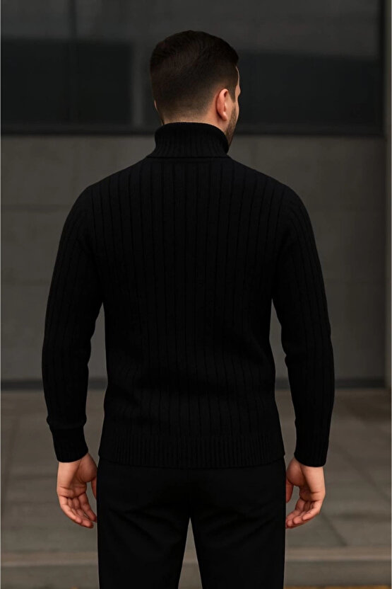 Erkek Balıkcı Yaka Bağazlı Triko Kazak Pamuklu Kalın Fitilli Dokuma, Regular Fit Uzun Kollu Kışlık M