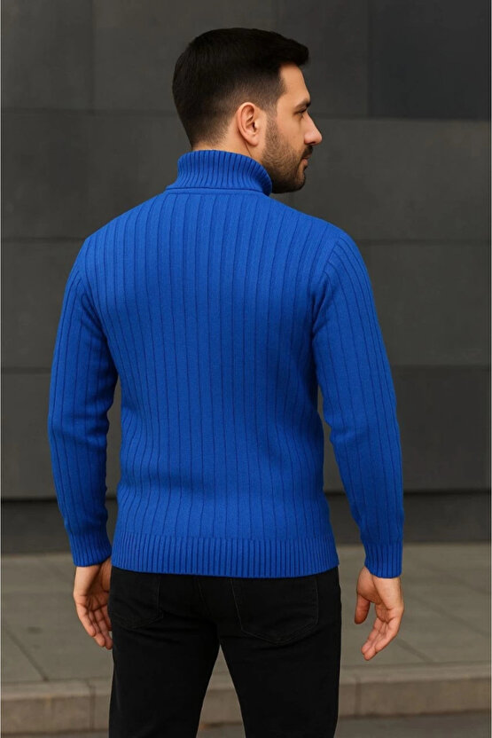 Erkek Balıkcı Yaka Bağazlı Triko Kazak Pamuklu Kalın Fitilli Dokuma, Regular Fit Uzun Kollu Kışlık M