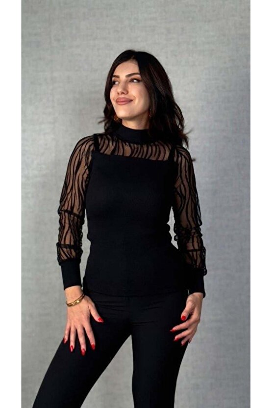 Kadın Uzun Kollu Bisiklet Yaka Kolları Tül Detay Kaşkorse Kumaş Bluz