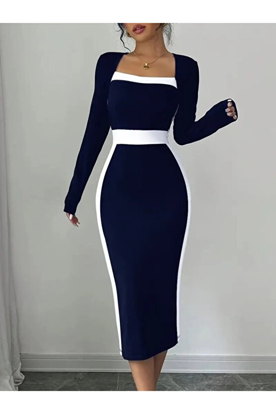 MDB Kadın Uzun Kollu Geometrik Yaka Midi Ithal Krep Elbise