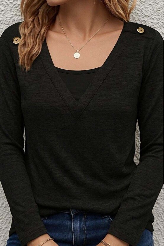 Kadın Uzun Kollu V Yaka Düğme Detaylı Yumoş Bluz