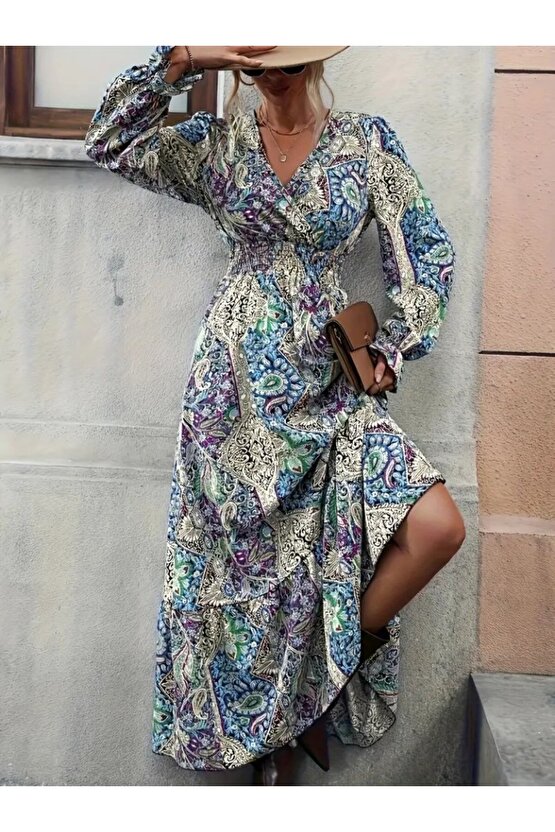 Kadın Uzun Kollu Kruvaze Yakalı Desenli Süprem Maxi Elbise