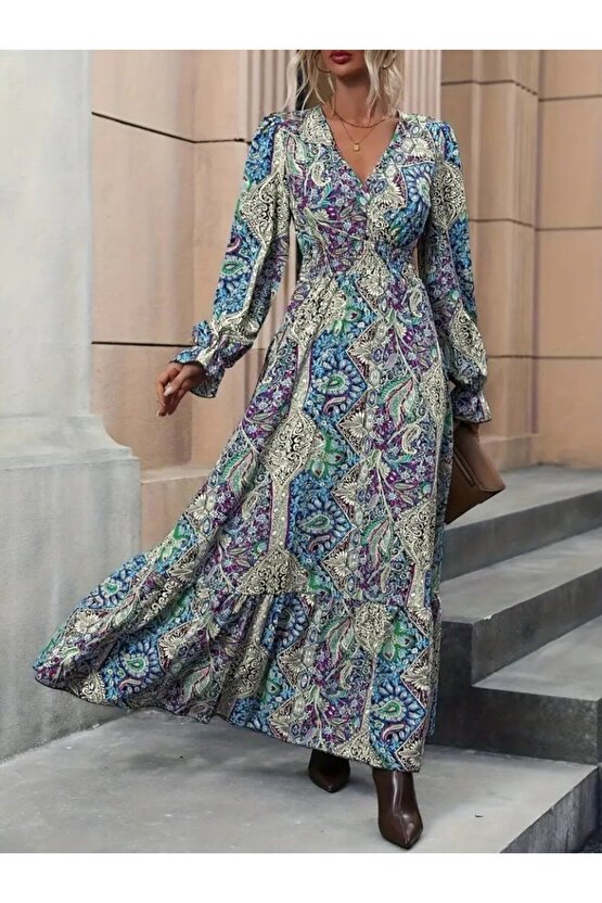 Kadın Uzun Kollu Kruvaze Yakalı Desenli Süprem Maxi Elbise