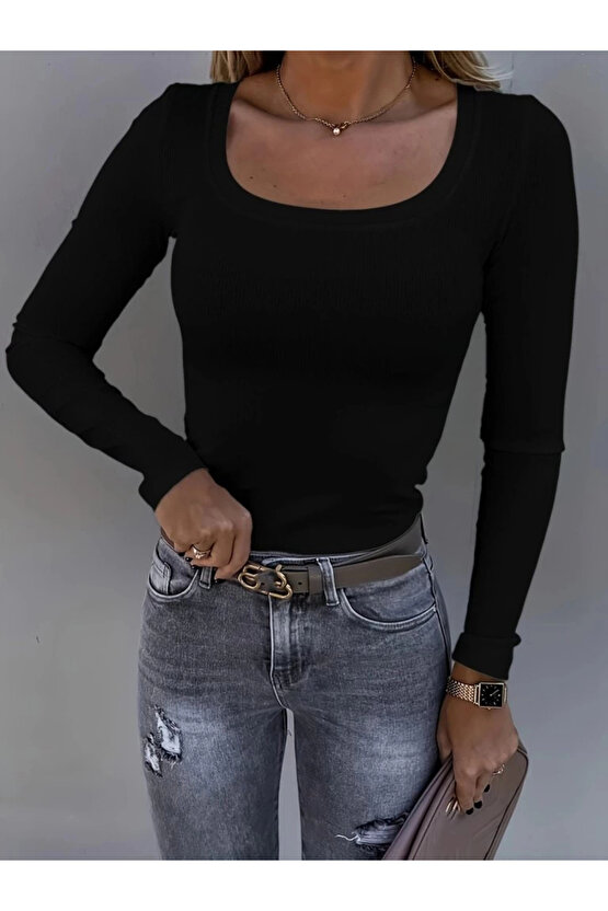 MDB Kadın Uzun Kollu Derin Yuvarlak Yaka Kaşkorse Bluz