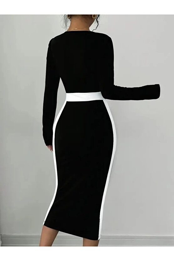 MDB Kadın Uzun Kollu Geometrik Yaka Midi Ithal Krep Elbise