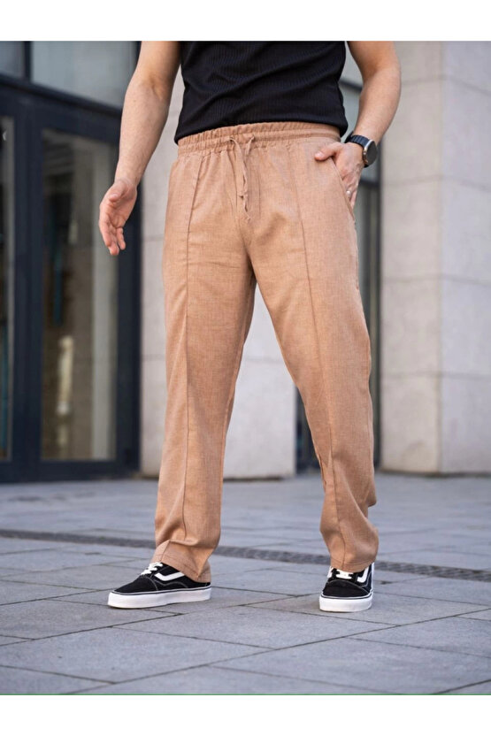 MDB Erkek Keten Cepli Çıma Dikişli Jogger Buggy Pantalon Rahat Kalıp Kahverengi