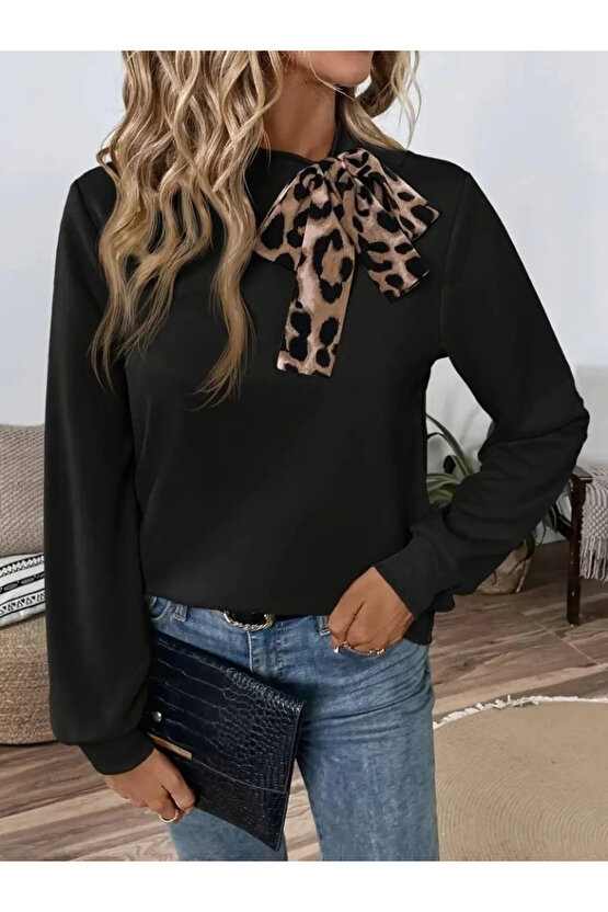 MDB Kadın Uzun Kollu Yakadan Bağlamalı Viskon Iki Iplik Bluz