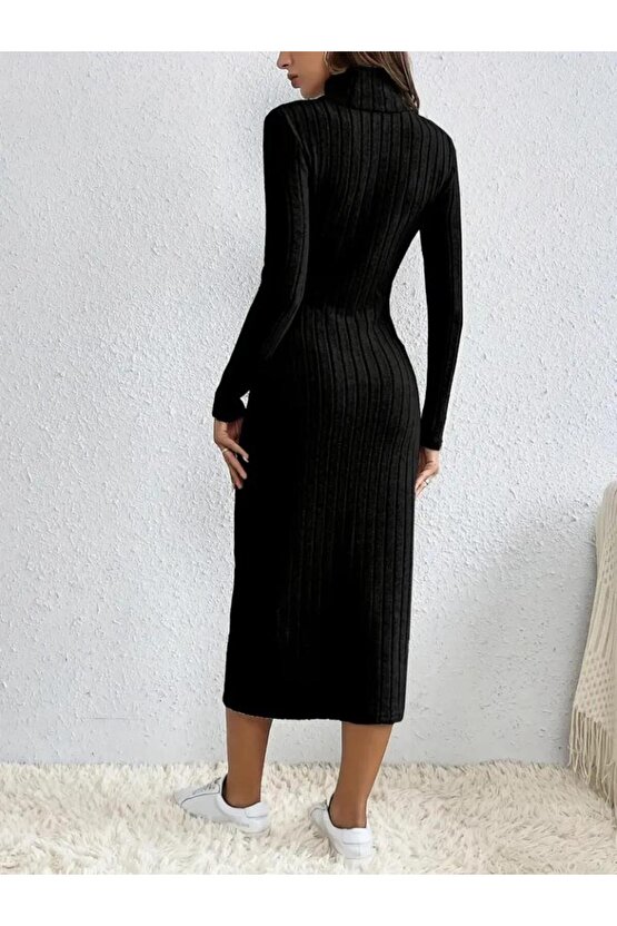 Kadın Uzun Kollu Balıkçı Yaka Yırtmaçlı Düğmeli şardonlu Kaşkorse Elbise