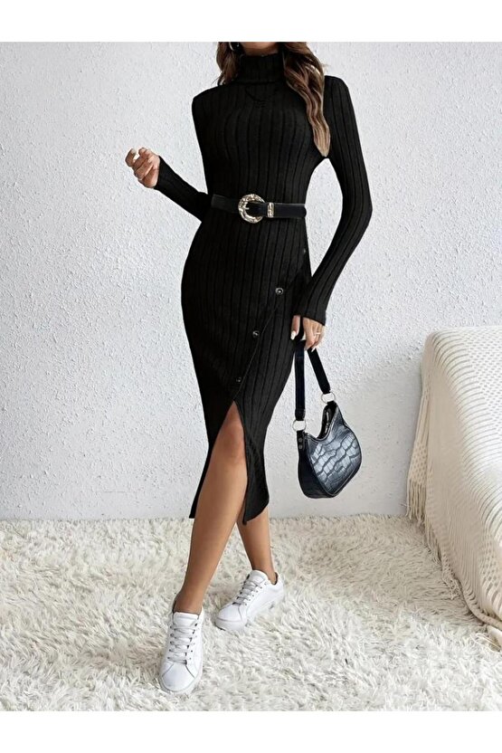 Kadın Uzun Kollu Balıkçı Yaka Yırtmaçlı Düğmeli şardonlu Kaşkorse Elbise