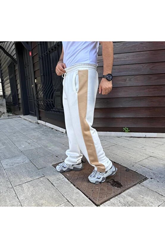 Erkek Üç İplik Kışlık Pamuklu Yandan Garneli Kalın Bej Şeritli Cepli Eşofman Altı - Beyaz