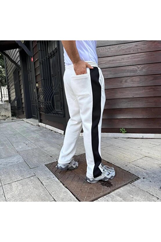 Erkek Üç İplik Kışlık Pamuklu Yandan Garneli Kalın Şeritli Cepli Eşofman Altı - Beyaz