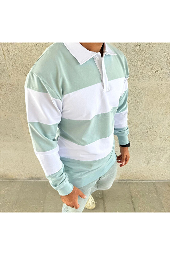 Erkek Polo Yaka Uzun Kollu Çizgili Sweatshirt Trend Rugby Stil - Çağla Yeşili