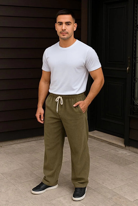 Erkek Fitilli Kadife Cepli Buggy Pantolon Oversize Rahat Kalıp - Haki
