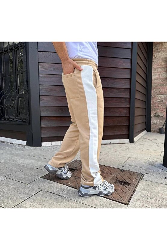 Erkek Üç İplik Kışlık Pamuklu Yandan Garneli Kalın Şeritli Cepli Eşofman Altı - Bej