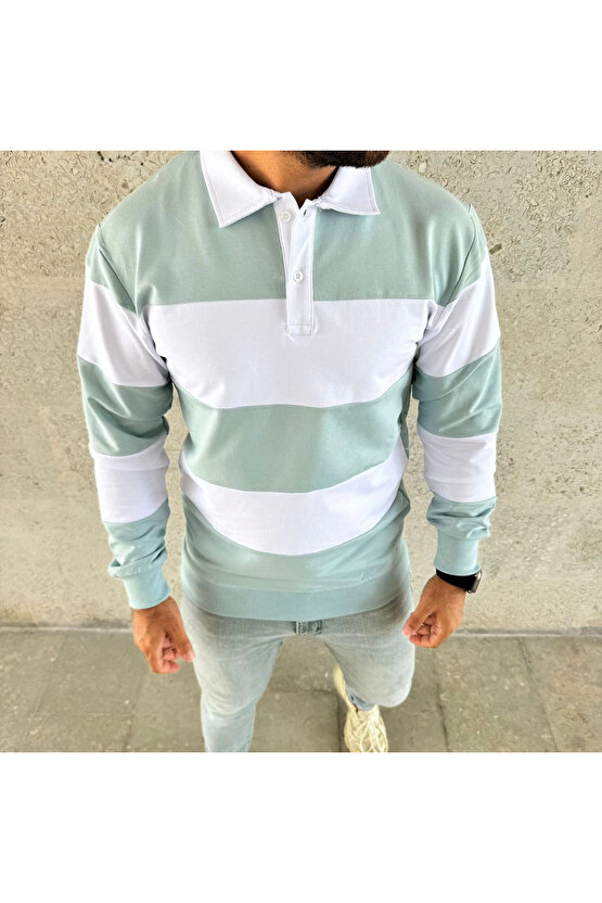 Erkek Polo Yaka Uzun Kollu Çizgili Sweatshirt Trend Rugby Stil - Çağla Yeşili