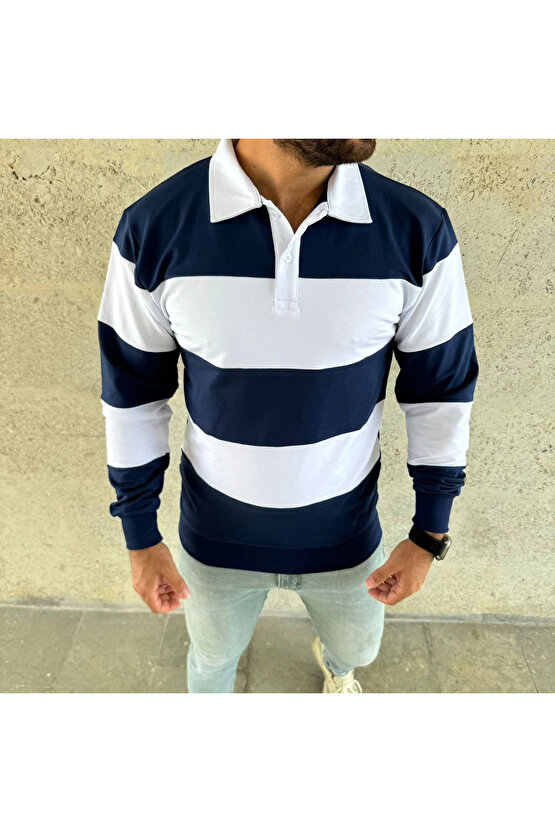 Erkek Polo Yaka Uzun Kollu Çizgili Sweatshirt Trend Rugby Stil - Lacivert