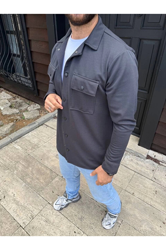 MDB Erkek Diagonal Kumaş Cepli Çıtçıtlı Uzun Kollu, Gömlek Oversize Rahat Kalıp Günlük Şık til Füme