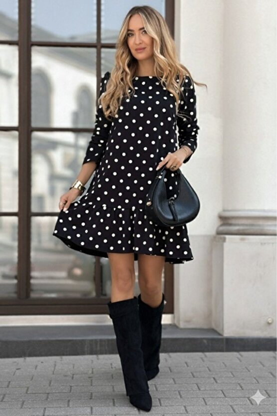 Kadın Uzun Kollu Bisiklet Yaka Fırfırlı Puantiyeli Kısa Modal Elbise