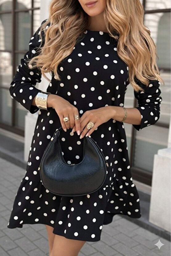 Kadın Uzun Kollu Bisiklet Yaka Fırfırlı Puantiyeli Kısa Modal Elbise