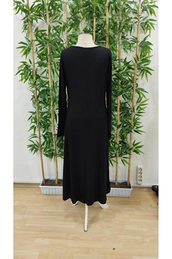 Kadın Uzun Kollu V Yakalı Blok Desenli Viskon Elbise