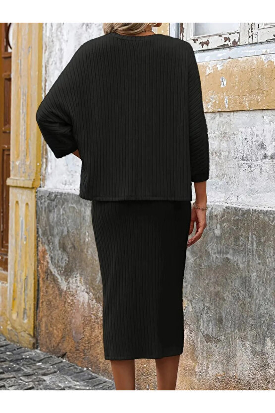 Kadın Uzun Kollu Yakası Açık Yarasa Kollu şardonlu Kaşkorse Bluz Ve Etek Takım