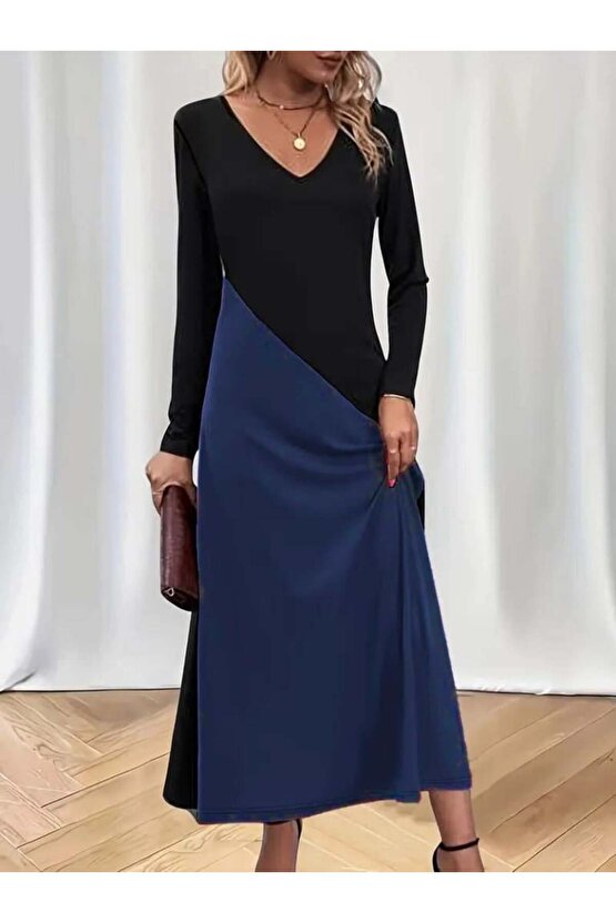 Kadın Uzun Kollu V Yakalı Blok Desenli Viskon Elbise