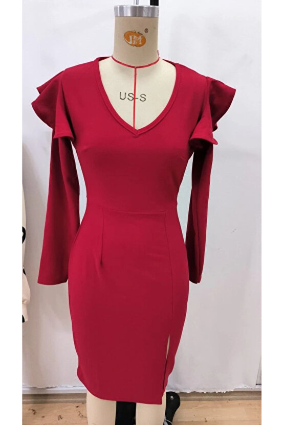 Kadın Uzun Kollu V Yakalı Yandan Yırtmaçlı Midi Ithal Krep Elbise