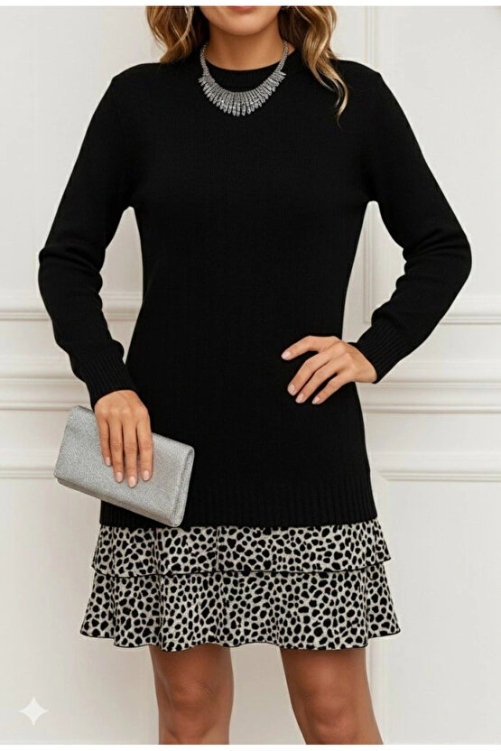 Kadın Uzun Kollu üst şardonlu Kaşkorse Alt Süprem Desenli Elbise