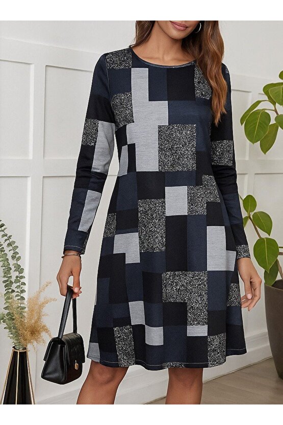 Kadın Uzun Kollu Yuvarlak Yaka Geometrik Süprem Elbise