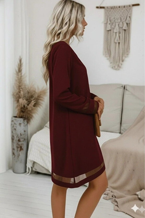 Kadın Uzun Kollu V Yakalı Tül şerit Detaylı Mini Krep Elbise