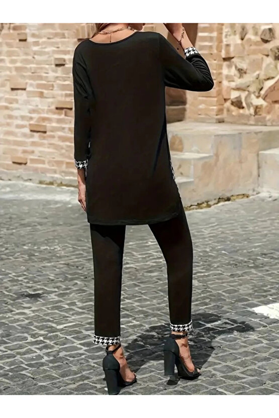 MDB Kadın Uzun Kollu Yuvarlak Yakalı Kaz Ayağı Detaylı Viskon Iki Iplik Bluz Ve Pantolon Ikili Takım