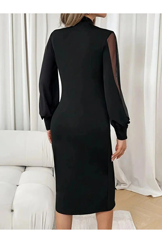 Kadın Uzun Kollu Yarı Balıkçı Yaka Tül Ve Inci Detaylı Kısa Ithal Krep Midi Elbise