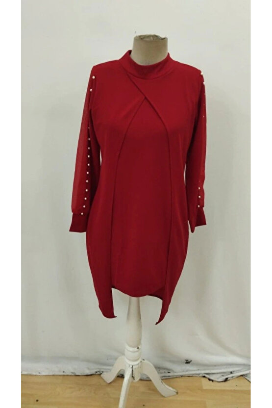 Kadın Uzun Kollu Yarı Balıkçı Yaka Tül Ve Inci Detaylı Kısa Ithal Krep Midi Elbise