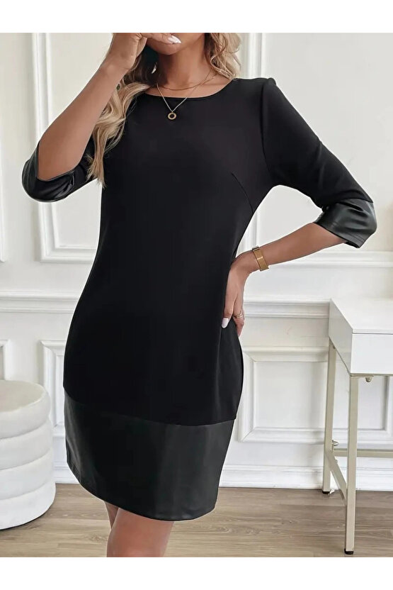 Kadın Uzun Kollu Bisiklet Yaka Deri Detaylı Ithal Krep Elbise
