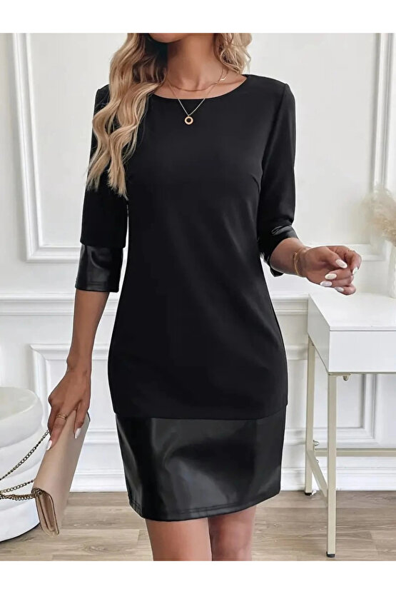 Kadın Uzun Kollu Bisiklet Yaka Deri Detaylı Ithal Krep Elbise
