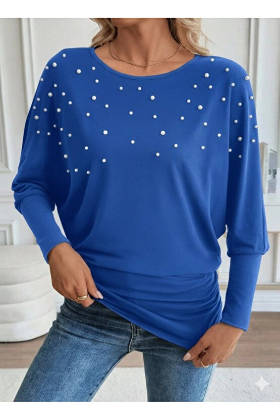 Kadın Uzun Kollu Yuvarlak Yaka Incili Viskon Bluz