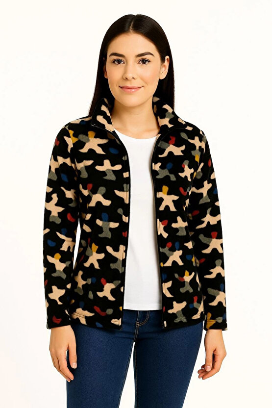 Kadın Tam Fermuarlı Desenli Polar Sweat – Siyah Multicolor Figür Desen Yakalı, Uzun Kollu, Oversize