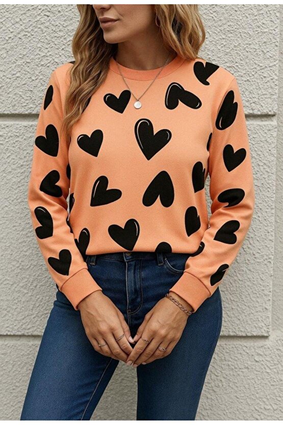 Kadın Uzun Kollu Bisiklet Yaka Kalp Desenli Iki Iplik Bluz