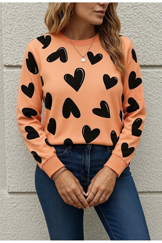 Kadın Uzun Kollu Bisiklet Yaka Kalp Desenli Iki Iplik Bluz