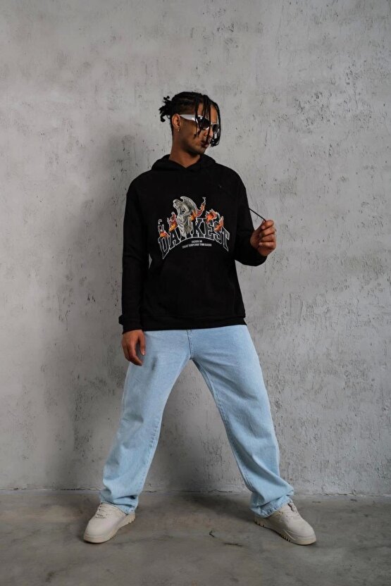 Erkek Oversize Kapüşonlu Sweatshirt – Siyah Renk Üç İplik İçi Pamuklu Kanguru Cepli Baskılı Hoodie R