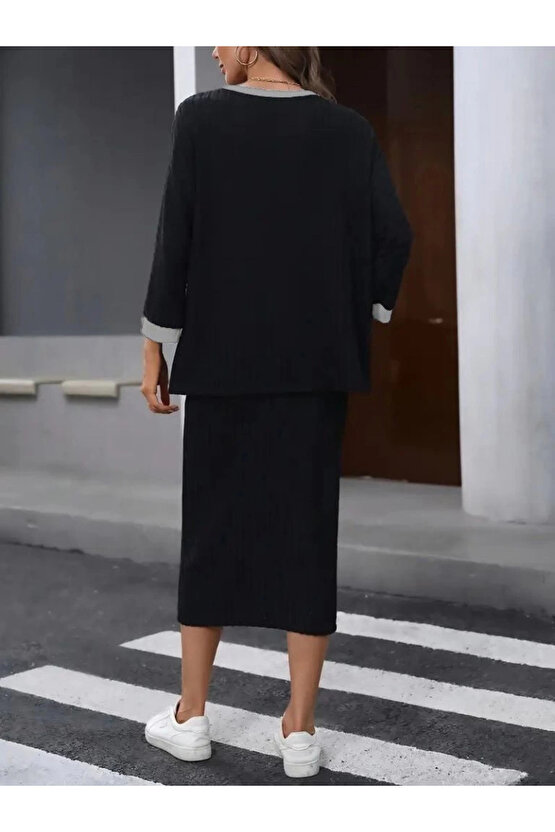 MDB Kadın Uzun Kollu Yakası Açık şardonlu Kaşkorse Bluz Ve Eteği Bağcıklı Ikili Takım