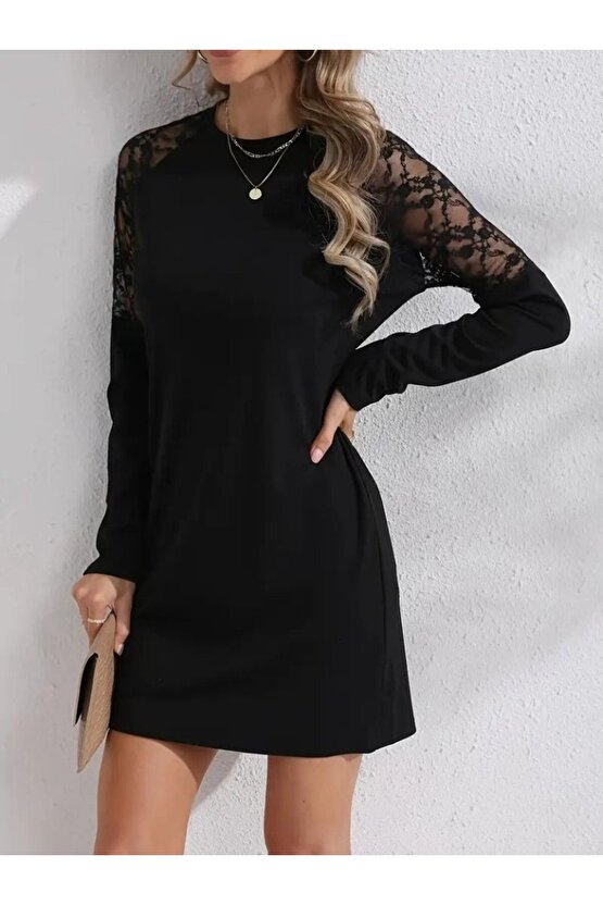 Kadın Uzun Kollu Bisiklet Yaka Dantel Detaylı Visk8n Iki Iplik Düğmeli Mini Elbise