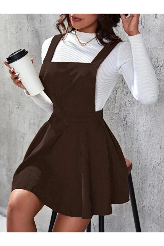 MDB Kadın Askılı Sırttan çapraz Detaylı Kısa Kiloş Kadife Mini Elbise