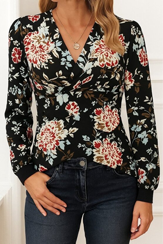 Kadın Uzun Kollu Kruvaze Yakalı Kelebek Desenli şardonlu Dalgıç Bluz