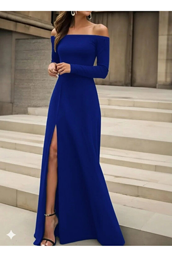 Kadın Uzun Kollu Madonna Yakalı Yırtmaç Detaylı Uzun Ithal Krep Elbise